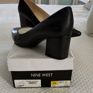 Nine West Black Leather Block Heel Pumps